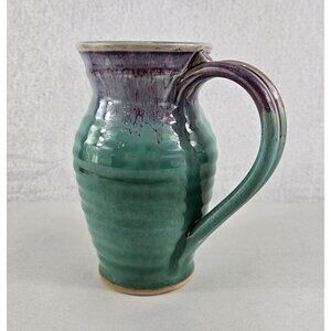 Pottery Mug Stoneware Cup 5.5" Teal Purple Ridged Curved Unique Shape Big Handle